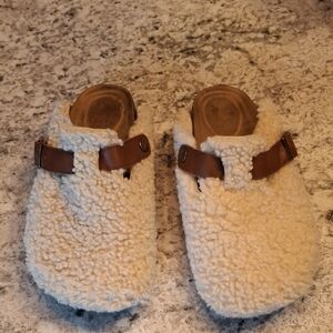 Time and Tru Tan Fuzzy Mules with Brown Strap